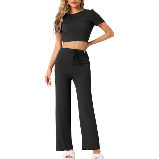 INSPIRAR CHIC Conjunto de Pijama de Mujer de Punto Acanalado de 2 Piezas con Top Corto de Manga Corta y Pantalones Conjuntos de Ocio M Negro