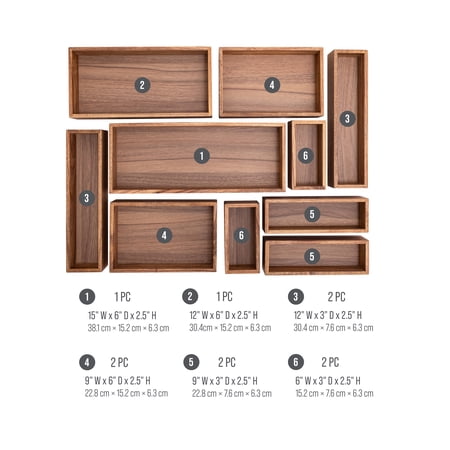Seville Classics Acaicia Wood Premium Organizer Storage Bins for Kitchen Silverware, Pantry, Closet, Office Desk, Pens, Utensils, Makeup, K Cup, Acacia Wood, Bin Set (10 Piece)