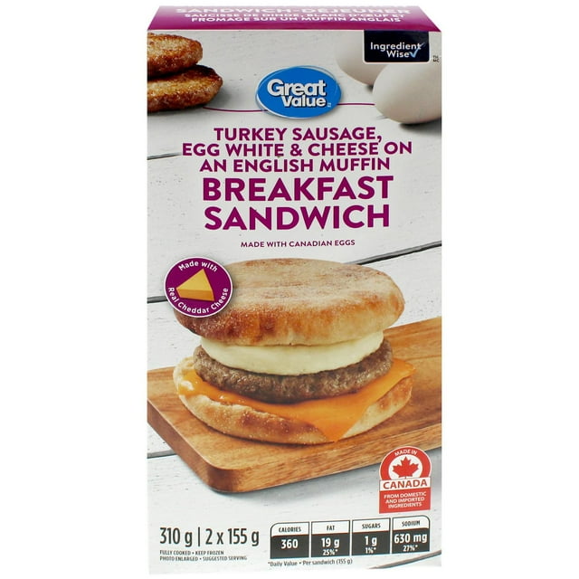 Great Value Turkey Breakfast Sandwich, Turkey Sausage, Egg White & Cheese on a English Muffin, 310 g