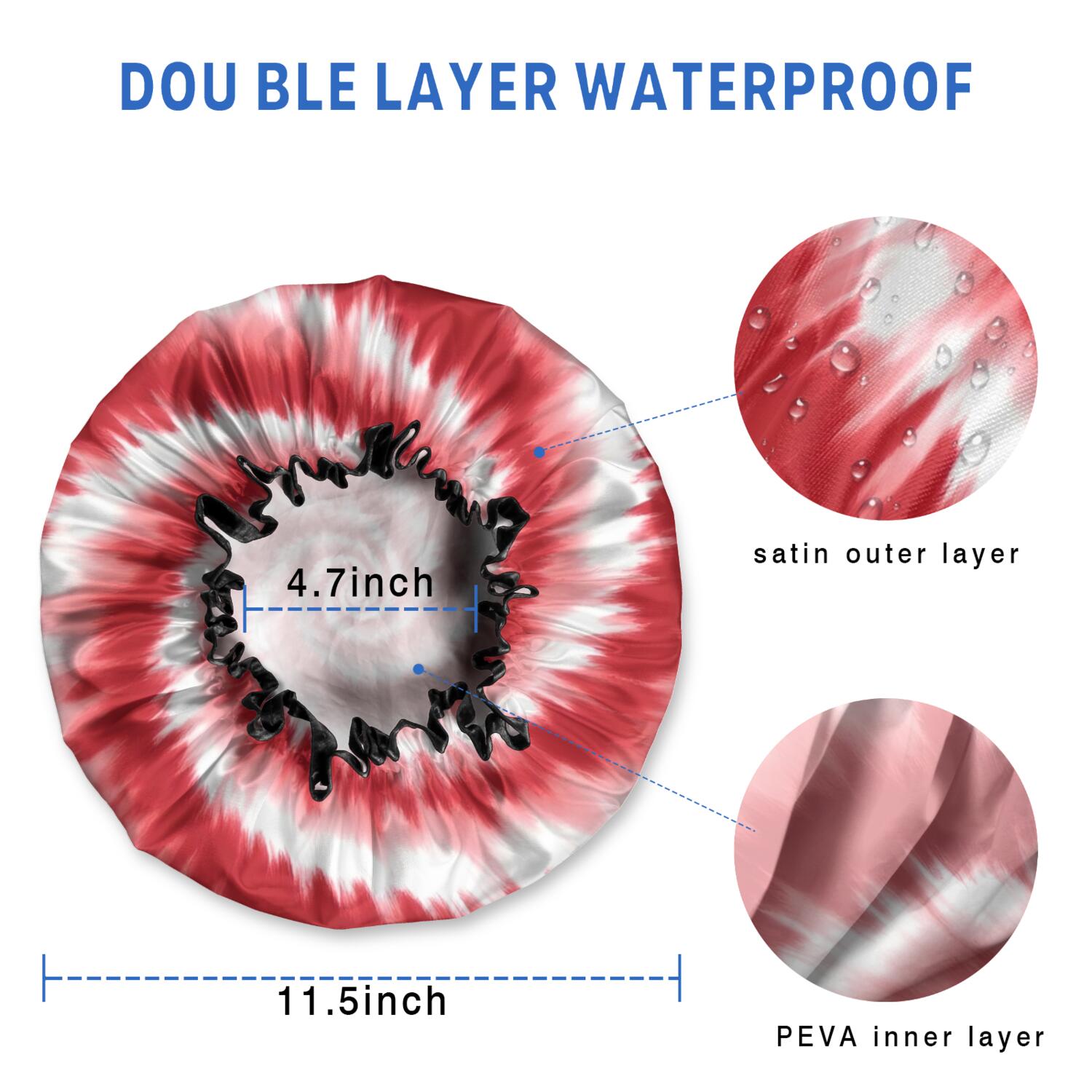 Shower Caps,Red White Tie Dye Spiral Pattern Waterproof Shower Cap for Women 4 Pieces,Double Reusable Hair Cover for Shower PEVA Elastic Stretch Hem
