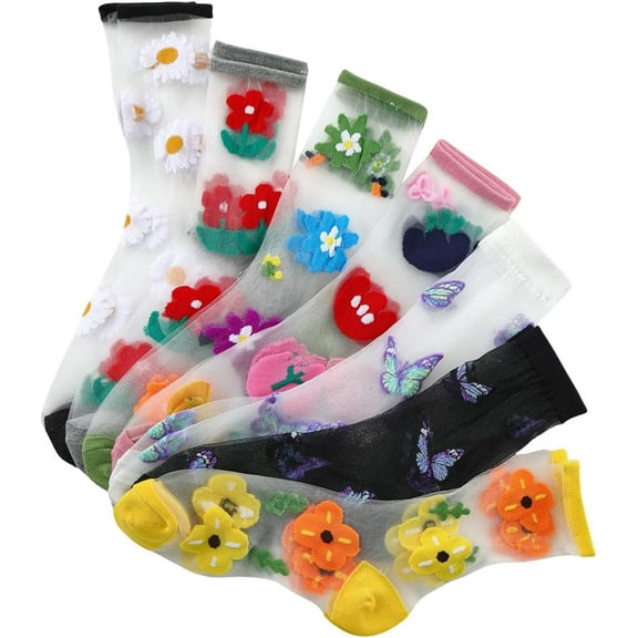 YooGuoGuo Women's 6 Pairs Sheer Mesh Floral Print Socks Transparent Soft Crew Socks