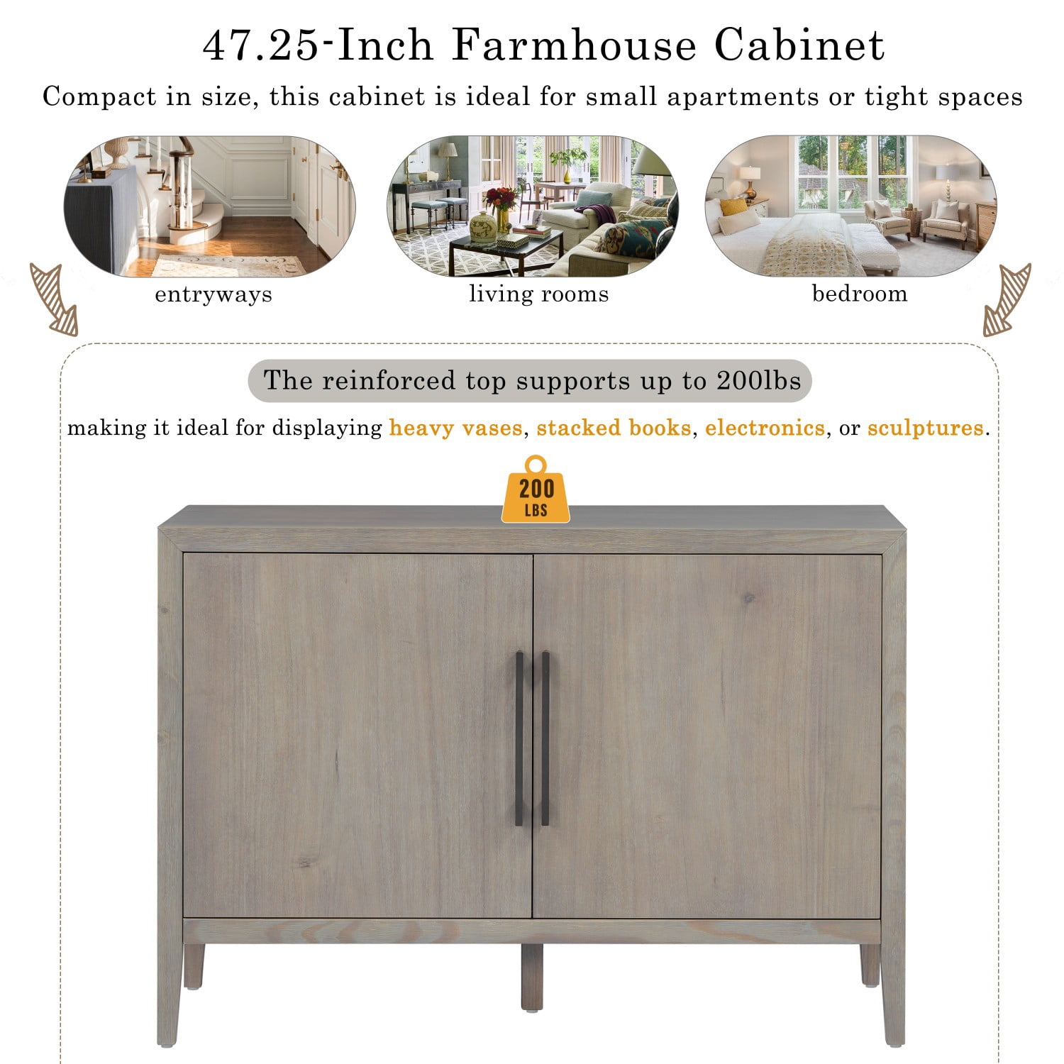 47.25" Farmhouse Sideboard Buffet Cabinet with Storage, 2 Door Wooden Coffee Bar Cabinet with Pine Veneer and Metal Handles for Kitchen, Living Room, Entryway, Gray