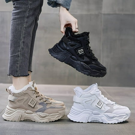

Women s Platform Fleece High Top Lace-Up Chunky Sneakers Casual Faux Leather Thermal Sneaker Women s Footwear
