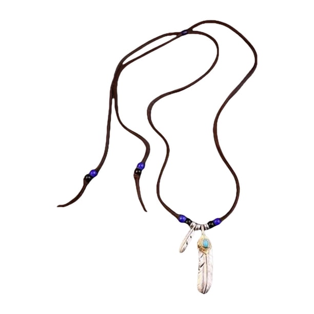 Collar con colgante de plumas, joyería de jefe indio nativo, estilo vintage, tribal, marrón con piedra azul