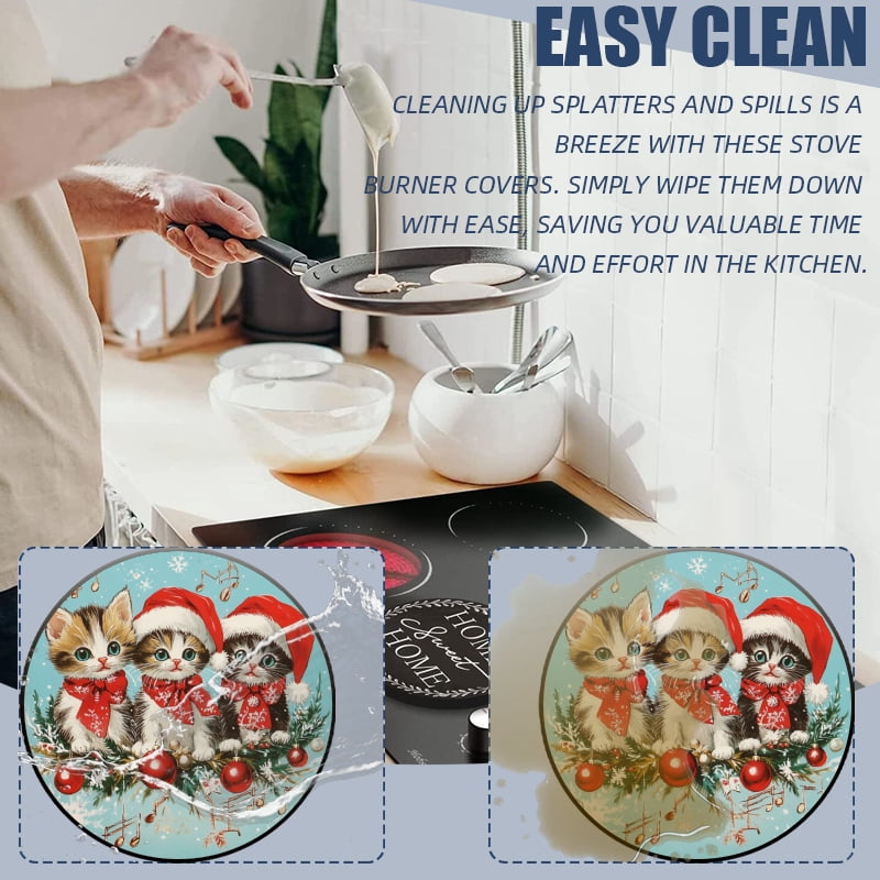 Round Stove Burner Covers for Electric Stove, Cute Cats in Christmas Vibe Mental Easy to Clean Gas Stove Burner Covers Set of 4 for Kitchen Holiday Decor, 8 Inches and 10 Inches