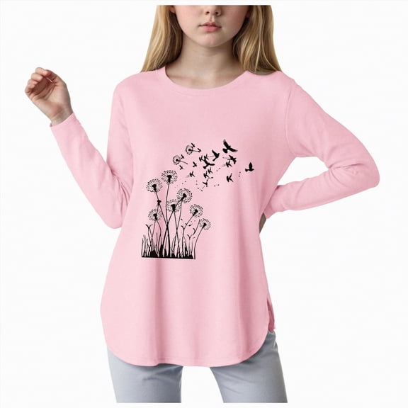 mgoYE Girl T-Shirts Size 7-8 Girls Long Sleeve Shirts Kids Crewneck Soft Tunic Tops Printed Shirt Curve Hem Side Slit T-Shirts(Pink,9-10 Years)