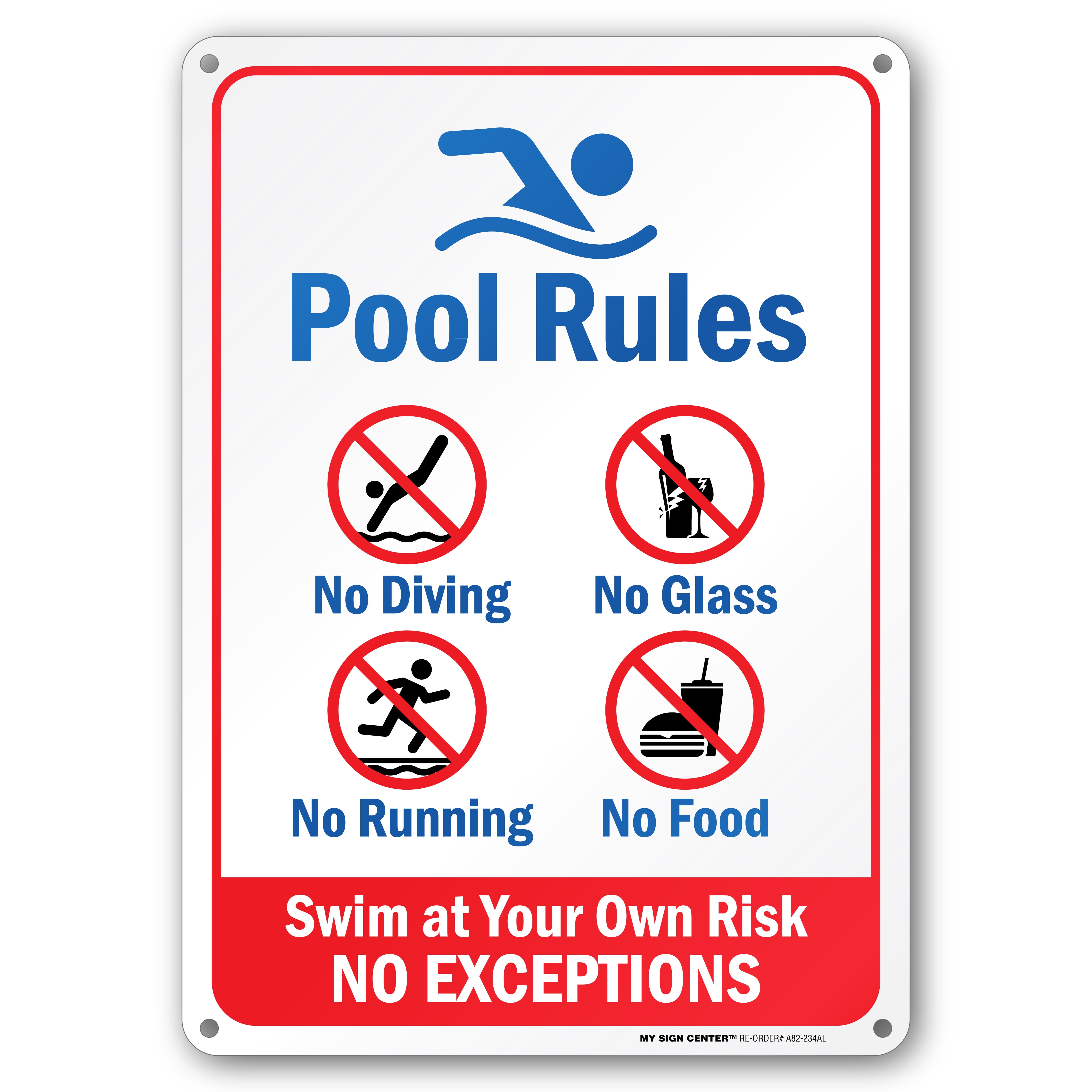 10" X 14" .040... Warning Swim at Your Own Risk Swimming Pool Rules Sign 