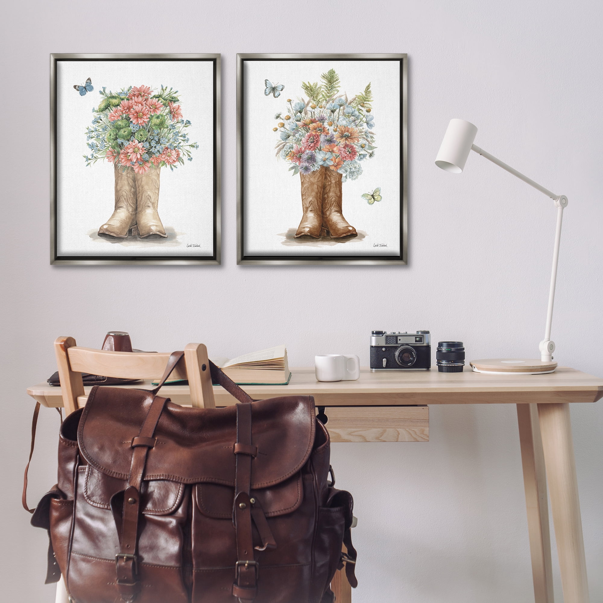 Stupell Industries Wildflower Western Boots Butterfly Plants & Flowers Painting Gray Floater Framed Canvas Art Print Wall Art, 31 x 25, Set of 2