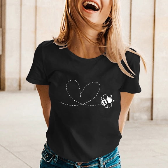 Womens T Shirts Spring Summer Bees Printed Short Sleeve Crew Neck T Shirt Womens Tees Black L