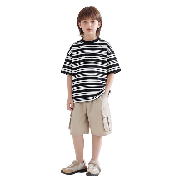Kiijoy Boys Striped Oversized T-Shirt Casual Short Sleeve Round Neck T Shirt, Black, Sizes 2-3