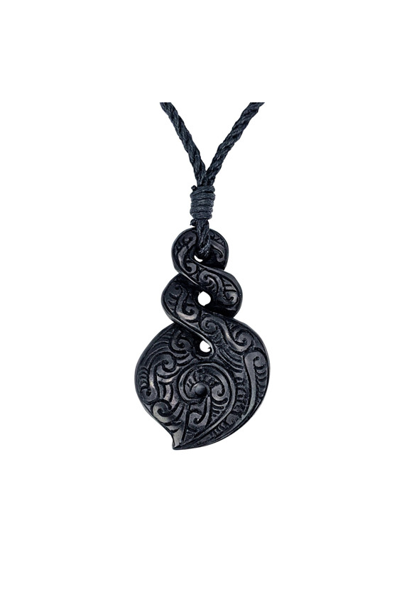 Women's Men's Hand Carved Horn Engraved Koru Moari Double Pikorua Pendant Necklace