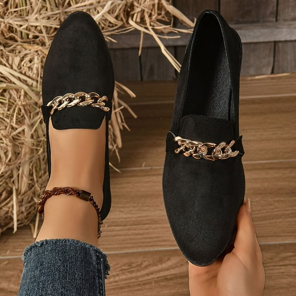 Aueoeo Women's Loafers Slip on Low Heel Shoes Closed Toe Dress Shoes Casual Work Flats Wedding Shoe With Metal Chain Decoration