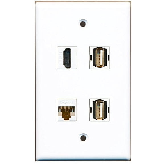 RiteAV - 1 Port HDMI 2 Port USB A-A 1 Port Cat6 Ethernet White Wall Plate