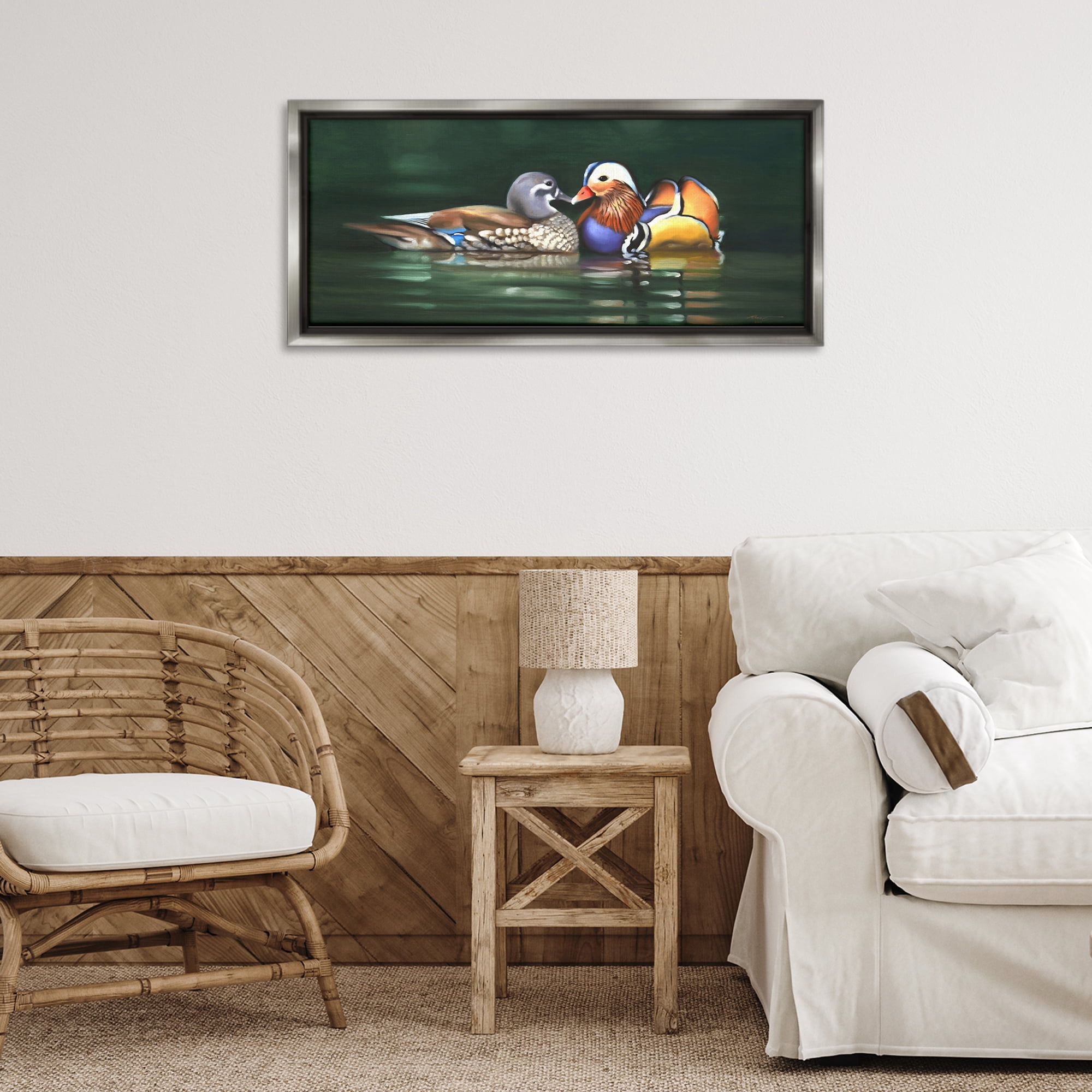 Stupell Industries Patterned Birds in Lake Animals & Insects Painting Gray Floater Framed Canvas Art Print Wall Art, 31 x 14