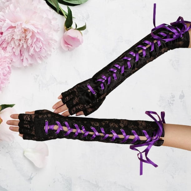 Guantes de encaje con vendaje para mujer, protección , guantes de encaje, medio hasta el codo, guantes de encaje para Lolita, Morado negro Yinane Guantes largos