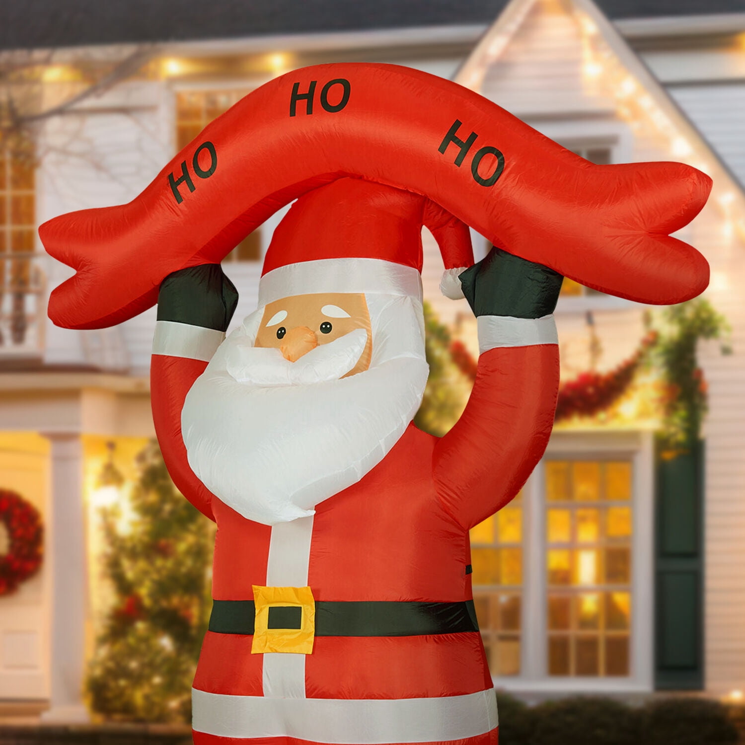 Fraser Hill Farm 10 ft Tall Santa Holding HO HO HO Sign, Outdoor Blow-Up Christmas Inflatable with Lights and Storage Bag, FHFSANTA104-L