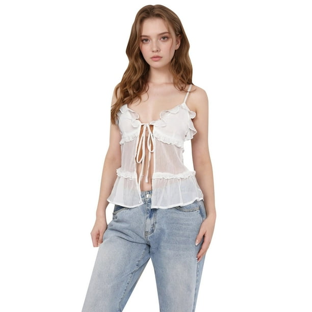 Camiseta sin mangas con volantes y tirantes anudados para mujer: blusa de gasa en capas, semitransparente, top informal de verano para la playa y fiestas.