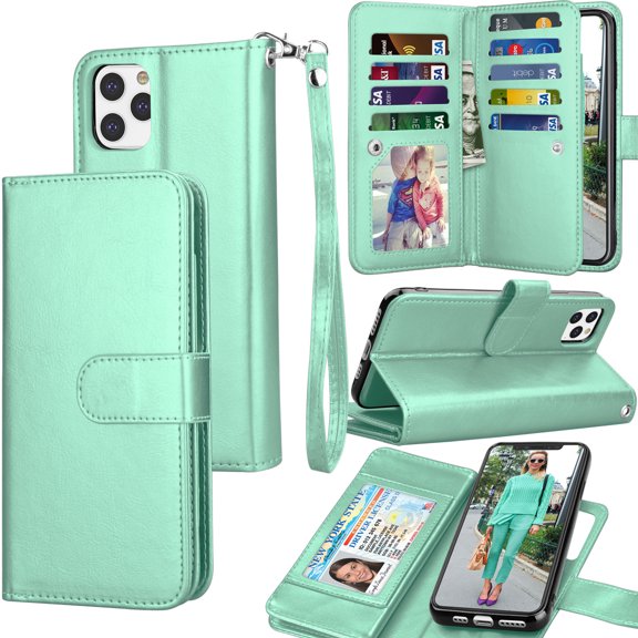 Tekcoo for 2019 iPhone 11, 11 Pro, 11 Pro Max Case Wallet, Luxury ID Cash Credit Card Slots Holder Carrying Pouch Folio Flip PU Leather Cover [Detachable Magnetic Hard Case] Lanyard - Turquoise
