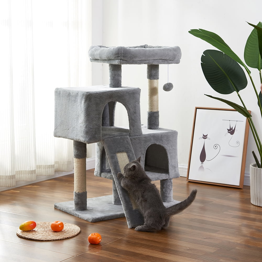 Kepooman 25" Cat Tree & Condo Tower with Sisal Grab Bar & Grab Board & Hanging Ball, Gray Kepooman 25" Cat Tree & Condo Tower with Sisal Grab Bar & Grab Board & Hanging Ball, Gray