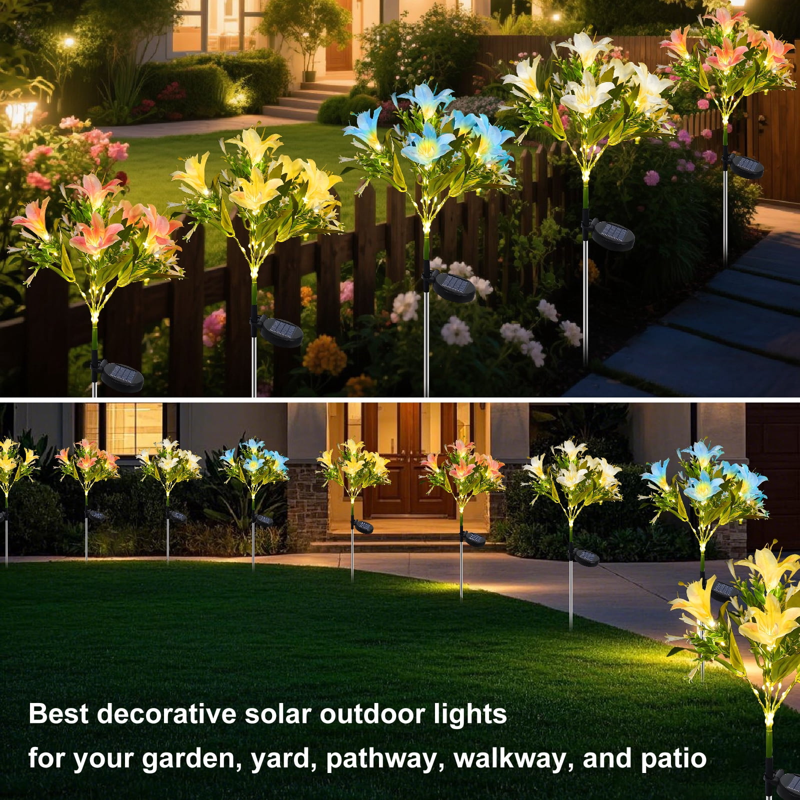 Solar Flower Lights Outdoor, 4 Pack Solar Powered Garden Lights with 28 Lily Flowers, Waterproof Pathway Lights for Outside Yard Patio Decor (Yellow, Blue, White, Pink)