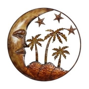 DecMode Rustic Metal Crescent Moon with Stars, Trees and Small Island Wall Dcor, 21"D with Copper Polished Finish