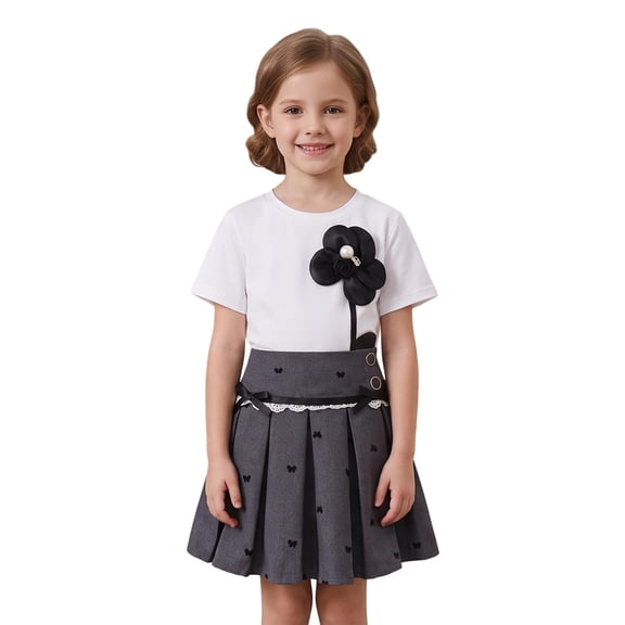 HAYIMI Girls Summer Floral Embroidered Tops And Pleated Skirt For Kids Short Sleeve Outfit Sets With 3D Detail Trendy Clothes Sets