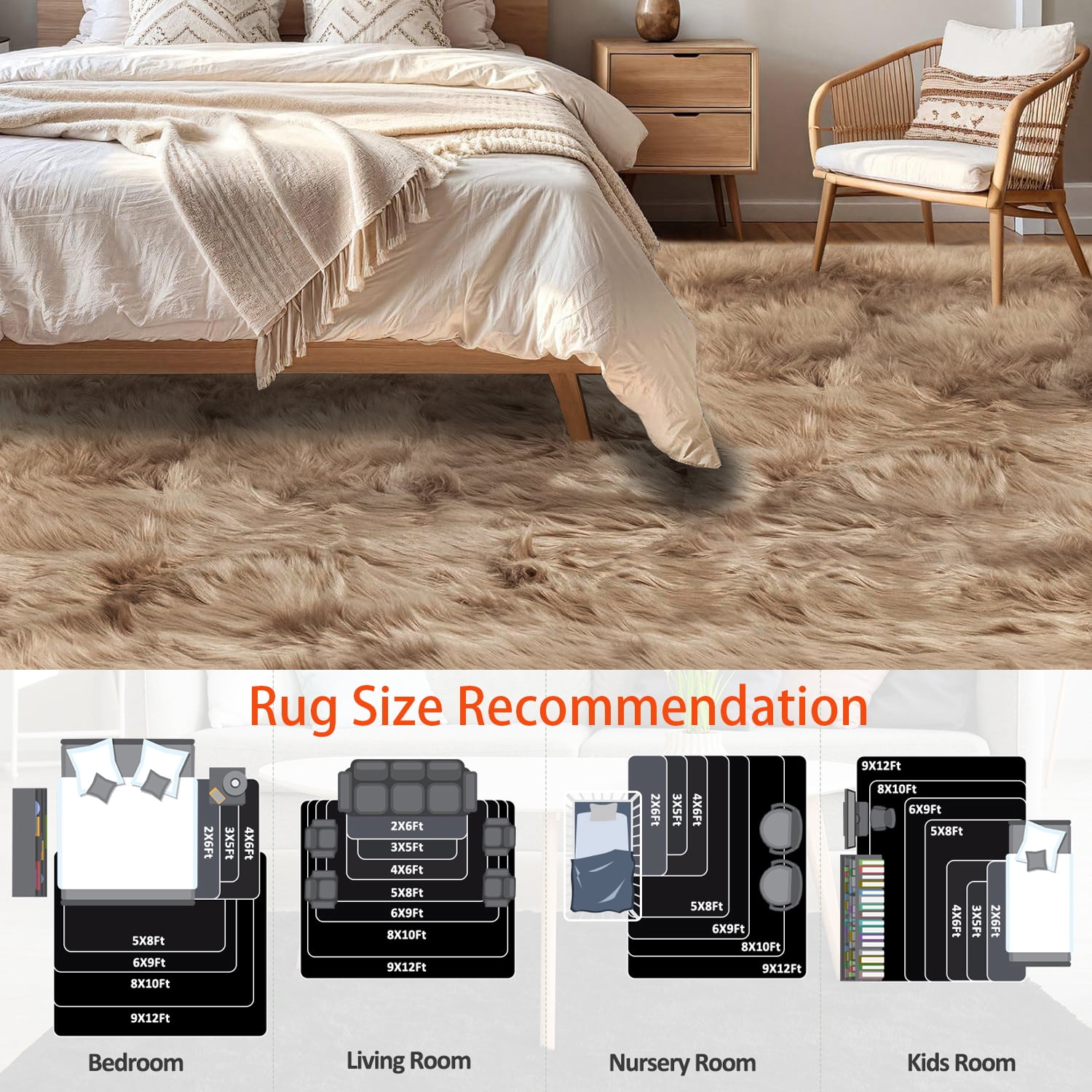 Jingle bears Fluffy Shag Rug 5x8 Faux Sheepskin Fur Rug for Living Room Bedroom Fuzzy Furry Plush Washable Rug Light Brown Rectangle