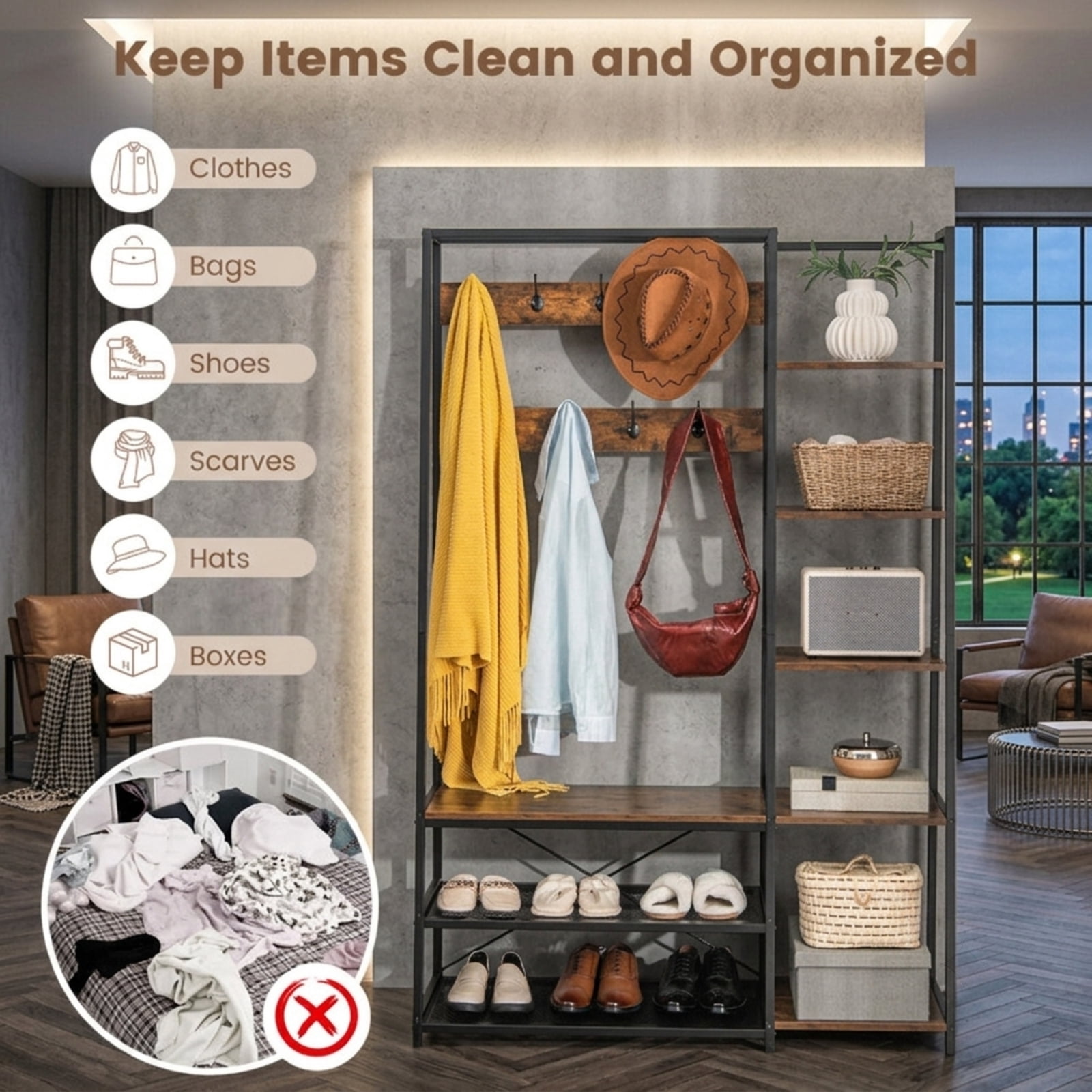 Furnibear 5 in 1 Entryway Hall Tree with Storage Bench and 9 Hooks and Shoe Shelves for Mudroom and Bedroom, Rustic Brown