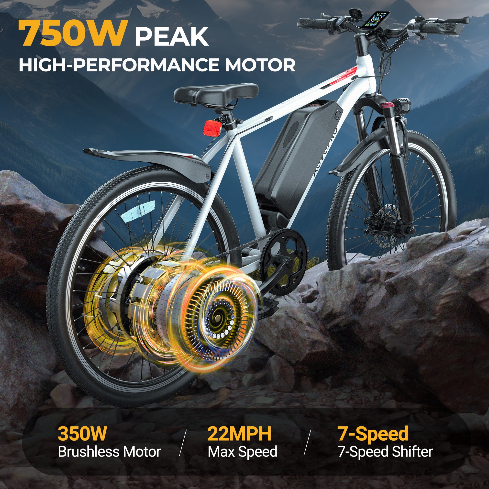 AOVOPRO BK1350 White Adult Electric Bicycles, 350W 26" Electric Mountain Bicycle, 48V Battery, 22Mph Electric Mountain Bike, Adjustable 7 Speed E-Bikes for Adults UL2849