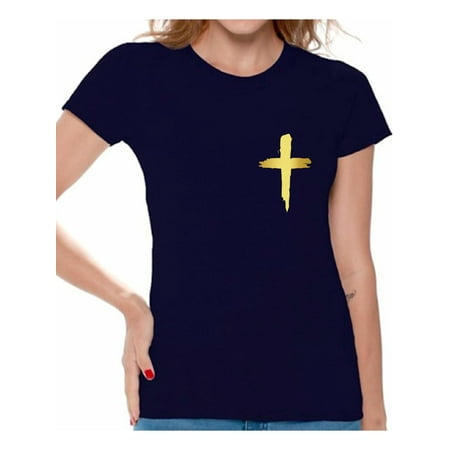 Christian Womens Shirt - Awkward Styles Golden Cross Shirt for Women Christian Cross Clothes for Ladies Following Jesus Womens T-Shirt Christian Gifts Jesus Shirts Jesus Cross Clothing Jesus T Shirt for Her Cross Ladies Shirt