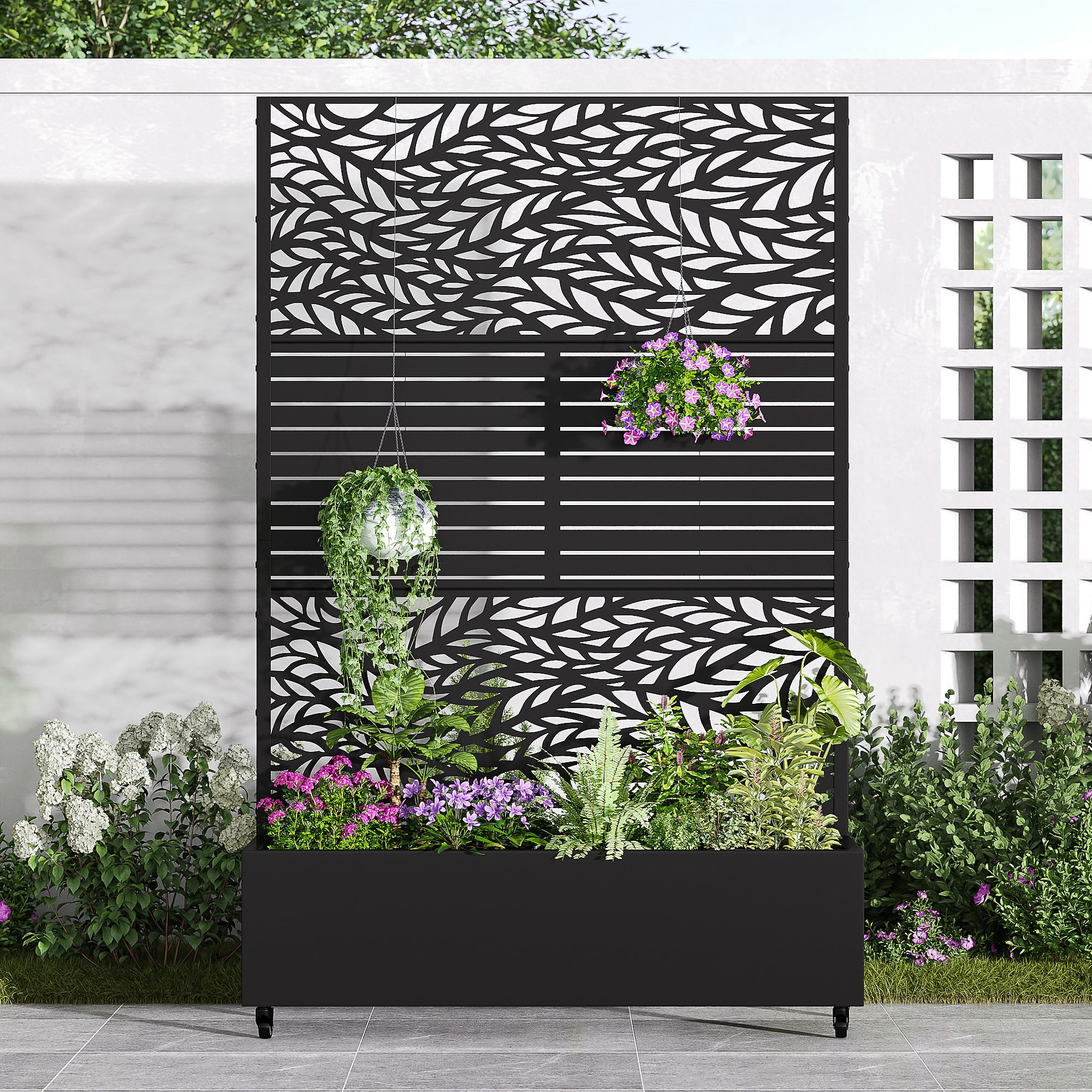 MAYEERTY 47*16*72" Outdoor Black Metal Planter Box with Trellis for Climbing Plants, Leafy & Parallel Pattern