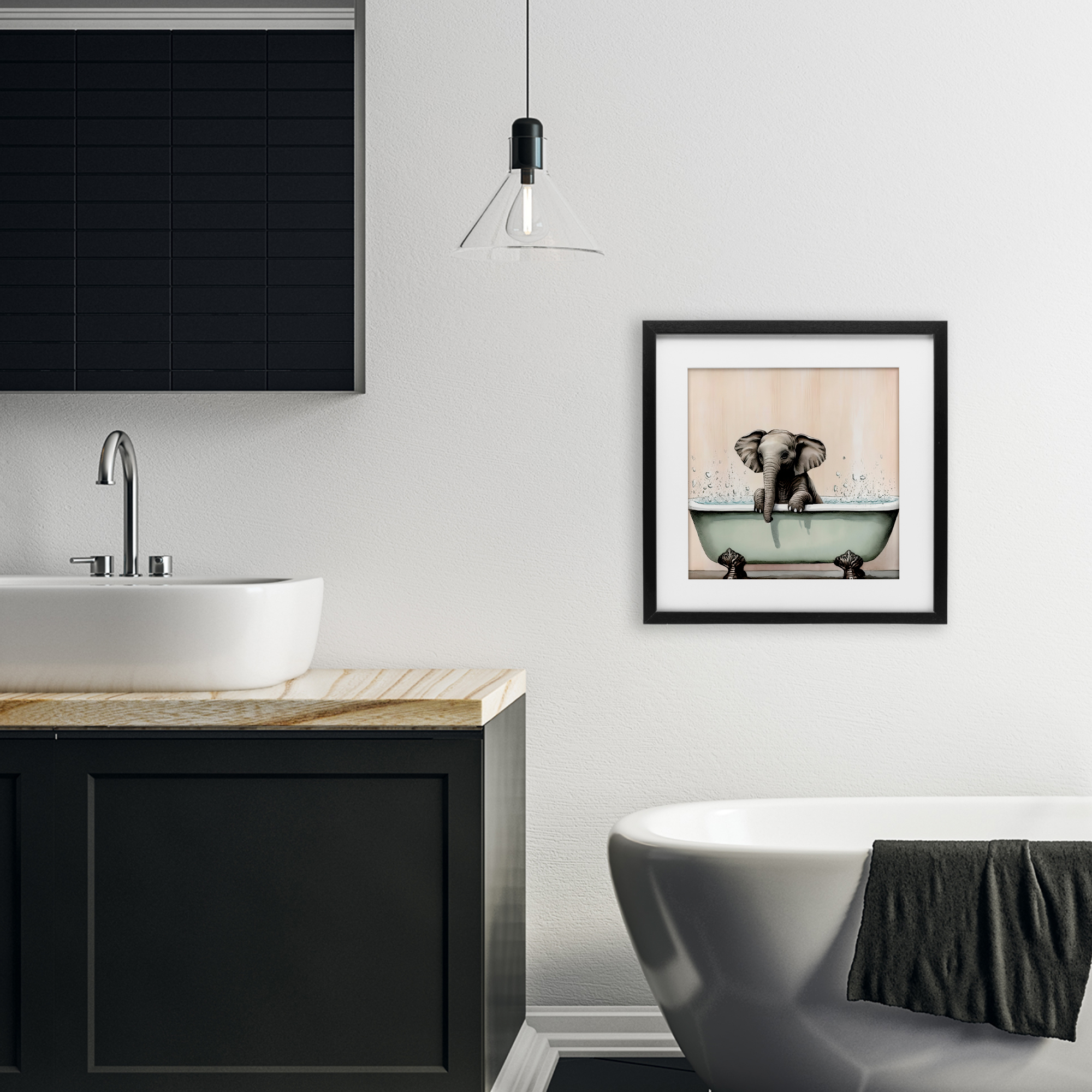 Baby Elephant Bathtime Black Framed Print Under Glass, design by Sasha
