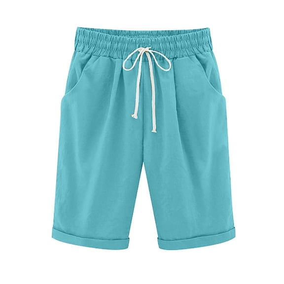 Womens Casual Shorts Summer Cotton Pants Plus Size High Waisted Lacing Beach Workout Pocket Five Point Pants Girls Bottoms Shorts