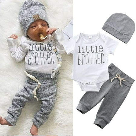

Qtinghua Newborn Baby Boy Little Brother Clothes Short Sleeve Romper Bodysuit Tops Pants Hat Summer 3PCS Set Gray 6-12 Months