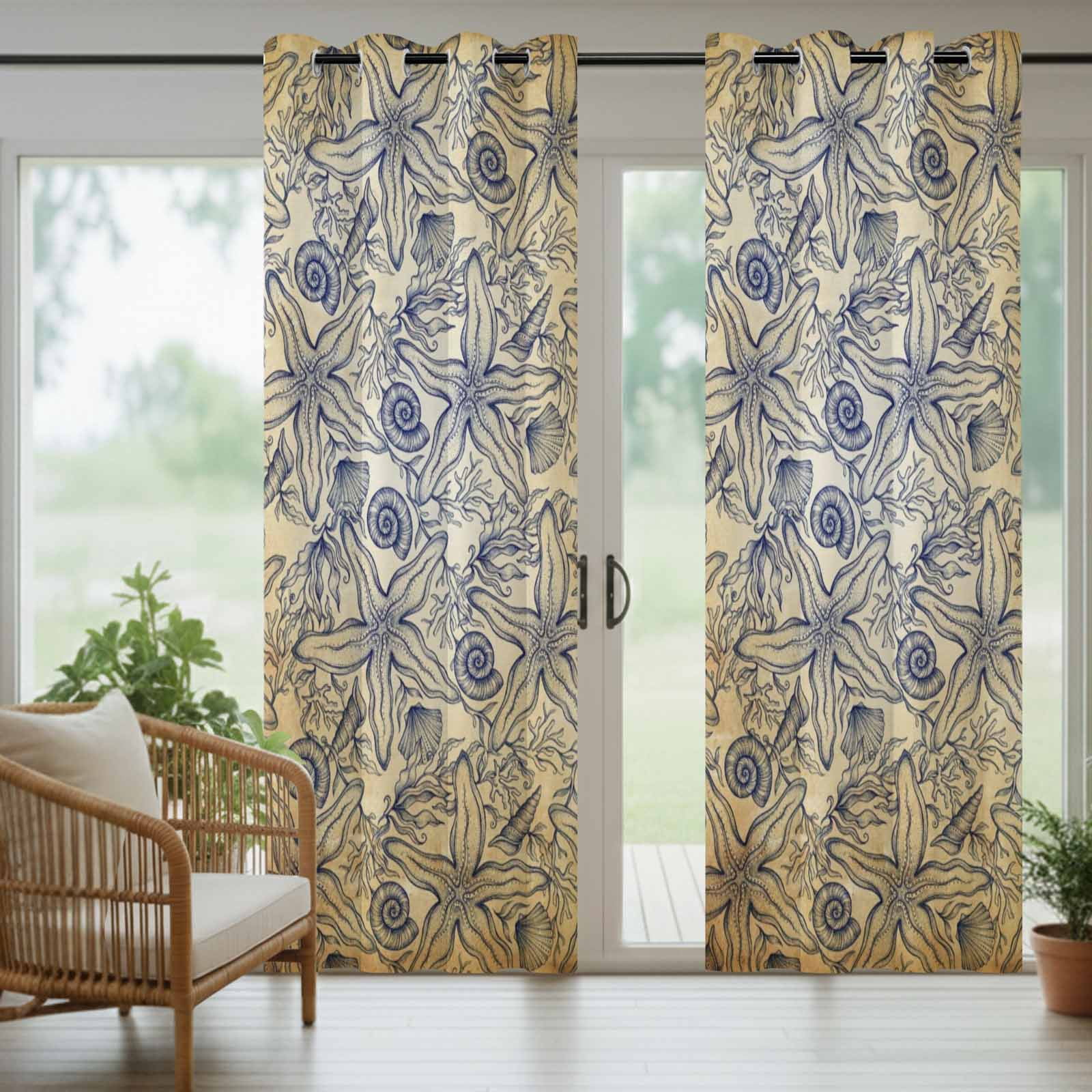 Vintage Ocean Flower Outdoor Curtains for Patio, Retro Nautical Brown Sea Shell Floral Sunshade Privacy Drapes Grommet Waterproof Outside Curtains for Porch/Cabana/Balcony 54"x 108", 1 Panel