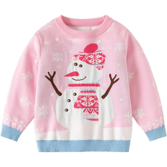 Tisuna Christmas Sweater For Toddler Girls Snowman Print Long Sleeve Crew Neck Tops Breathable Loose Autumn Winter Kids Pullover Clothes Pink Size 2-3 Years