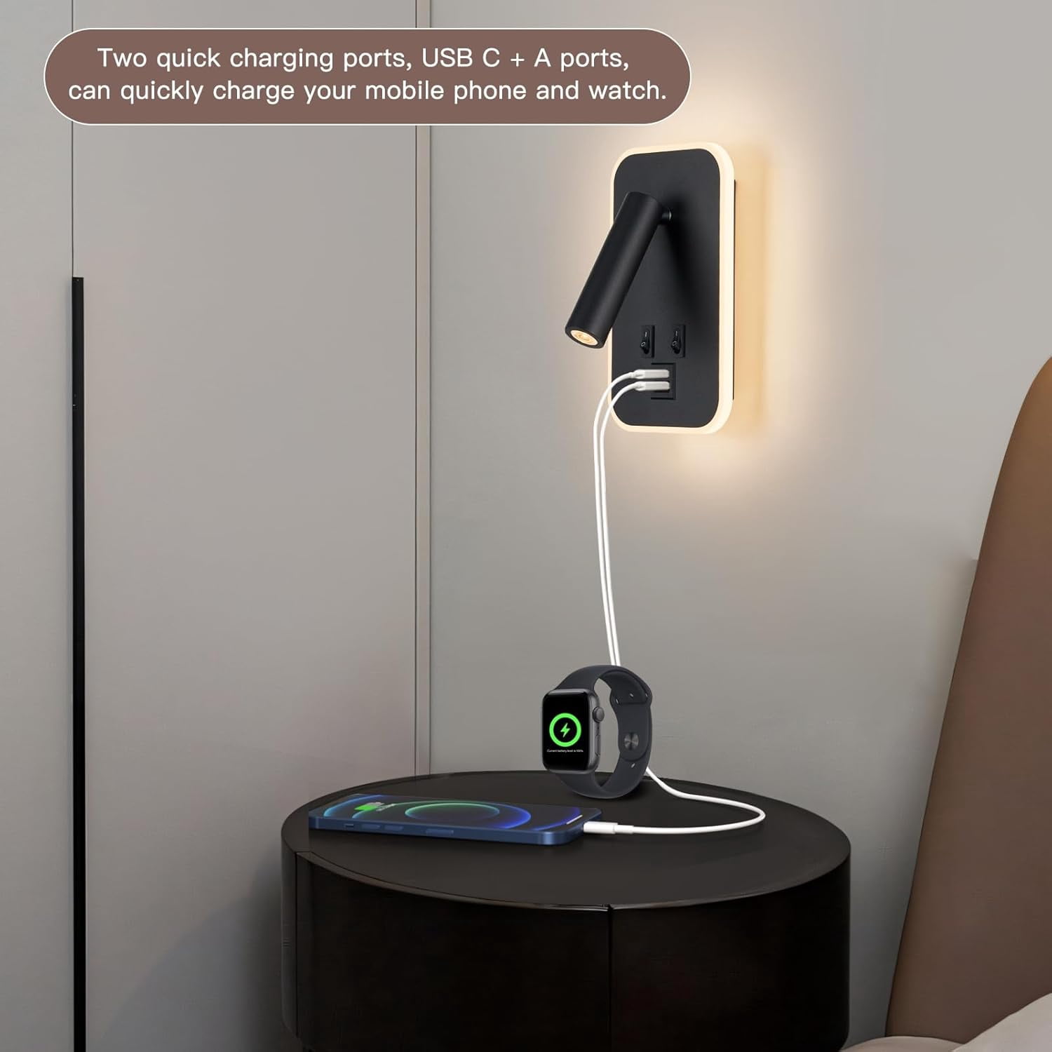 Wall Mounted Bedside Reading Light with 10W+3W Adjustable Headboard Lamp, USB-C+A Ports, Hardwired Plug-in Wall Sconce, 3000K Warm White, Black Finish