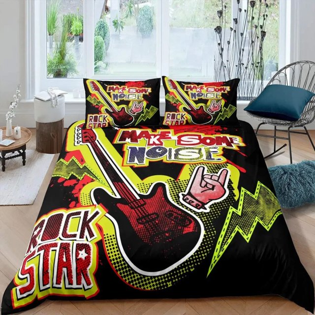 Housse de Couette Rock Musique Très Grand Ensemble de Literie Jazz Musique pour Adolescents Housse de Couette Graffiti Hip Hop Notes de Musique Polyester