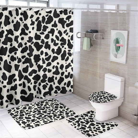 Cow Print 4 Pcs Shower Curtain Sets with Non-Slip Rugs Toilet Lid Cover and Bath Mat Shower Curtain Set Brown Cowhide Print Waterproof Personality Pattern Bath Curtains for Bathtub Decor