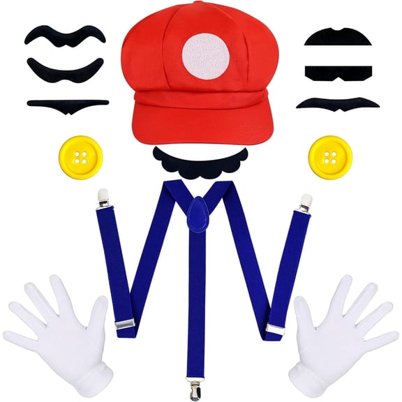 Satmonnus Super Bros Costume, Super Bros Hat Mustache Gloves Suspenders Buttons Sets for Halloween Cosplay