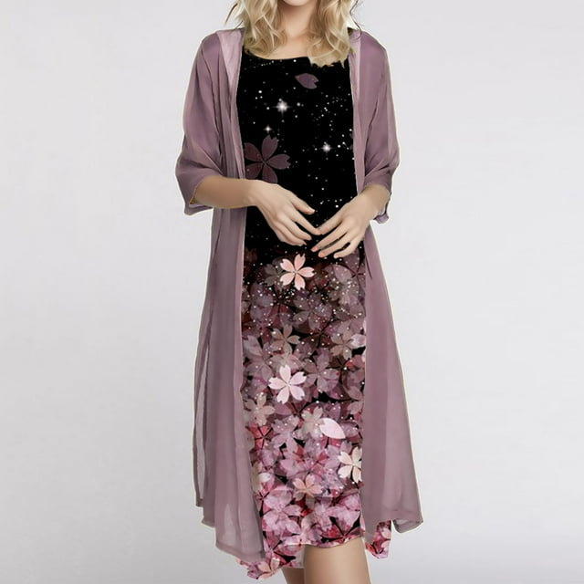 iTNHFP Robes Maxi pour Femmes 2025 Robe d'Été Décontractée pour Femmes Vacances Florale en Chiffon Sans Manches Robe Maxi Ensemble Deux Pièces Cardigan