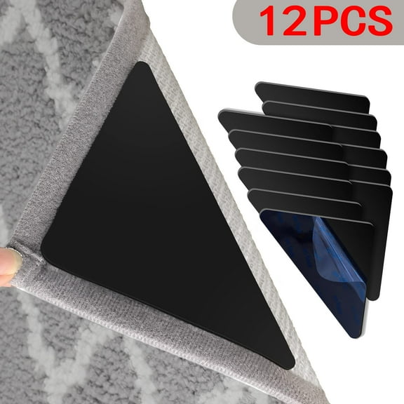 YMWVH 12-Piece Carpet Tape, Non-Slip Carpet Pad Gripper for Hardwood Floors and Tiles, Reusable & Washable Carpet Stabilizer, Double-Sided Adhesive Carpet Stickers to Keep Corners Flat (Black)