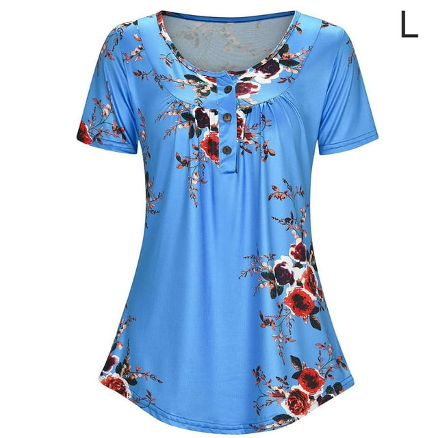 T-shirt Imprimé Femme Été Col Rond Manches Courtes Haut Col Rond Blouse Manches Courtes Haut Ample, Bleu, G