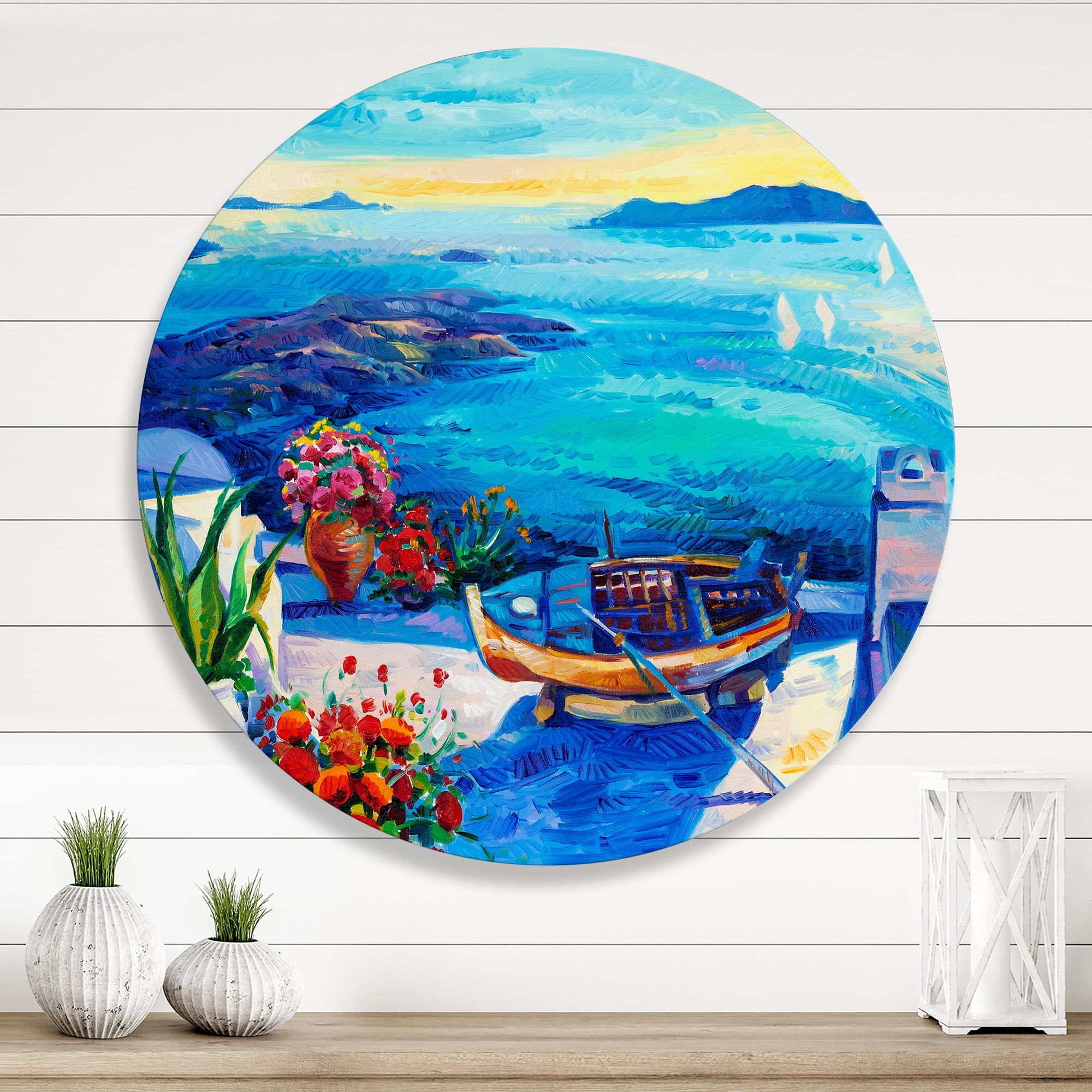 Designart 'Little Red Flowers With Sea View' Nautical & Coastal Circle Metal Wall Art 23x23 - Disc of 23