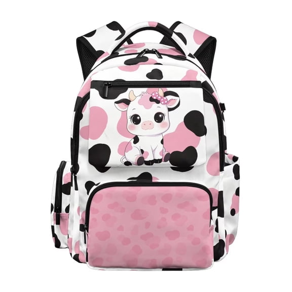 Uorisanigo Pink Cow Print School Backpack for Girls Large Capacity, Lightweight Hiking Daypack for Elementary Teen, Casual Bookbag for Camping Vacation