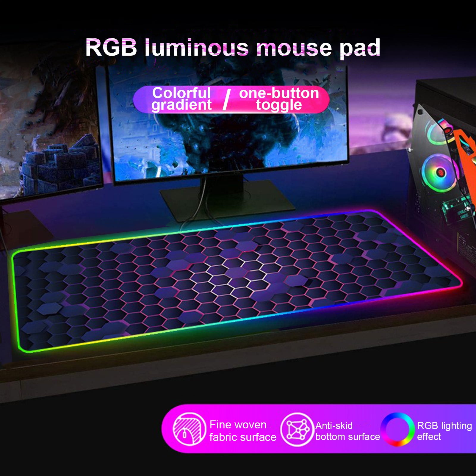 Extended Gaming Mouse Pad RGB with Stitched,Honeycomb Computer Keyboard Desk Mat LED 14 Lights Modes,Non-Slip Rubber Waterproof Keyboard Mouse Mat Desk Pad for Work, Game, Office, Home 31.5 x 11.8 in