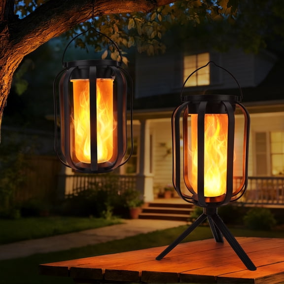 Toodour Solar Lights Outdoor, 2 Pack Hanging Solar Lanterns with 4 Lighting Mode, Type-C Charging, Waterproof Decorative Lights for Garden, Patio, Landscape, Yard, Camping