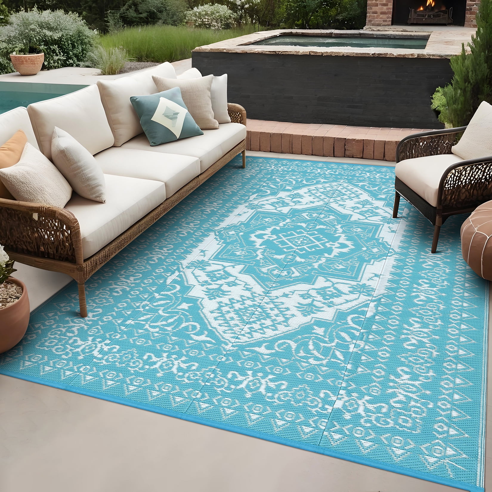 Reversible Outdoor Plastic Straw Rug 8x10ft – Waterproof Large Vintage Medallion Patio Carpet, All-Weather Area Mat, for Deck, Balcony, Porch, Camping, RV, Picnic – Light Blue/White, USA