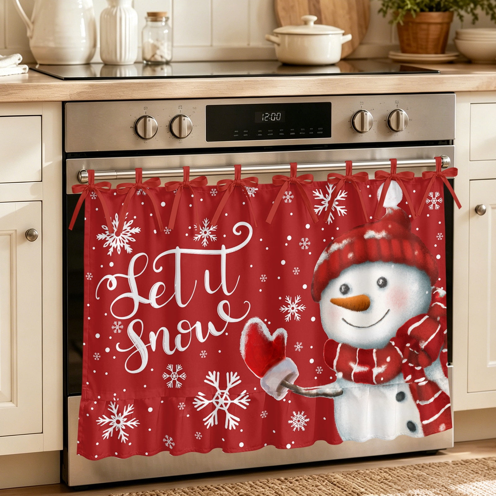 Oven Curtain for Kitchen Merry Christmas Snowman on Red Stove Curtain With Ruffled Trim Dishwasher Curtains Winter Snowflake Seamless Oven Skirt 27 x20