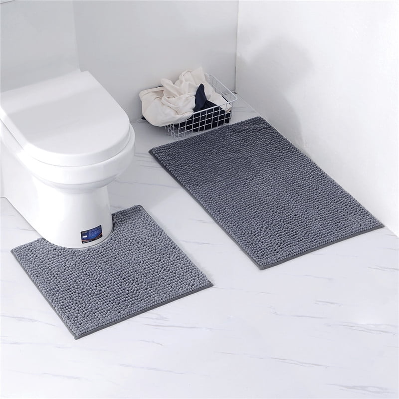 Details about    2 Piece Bath Mat Set Non Slip Toilet Pedestal Soft Foam & Shaggy Chenille Rug 